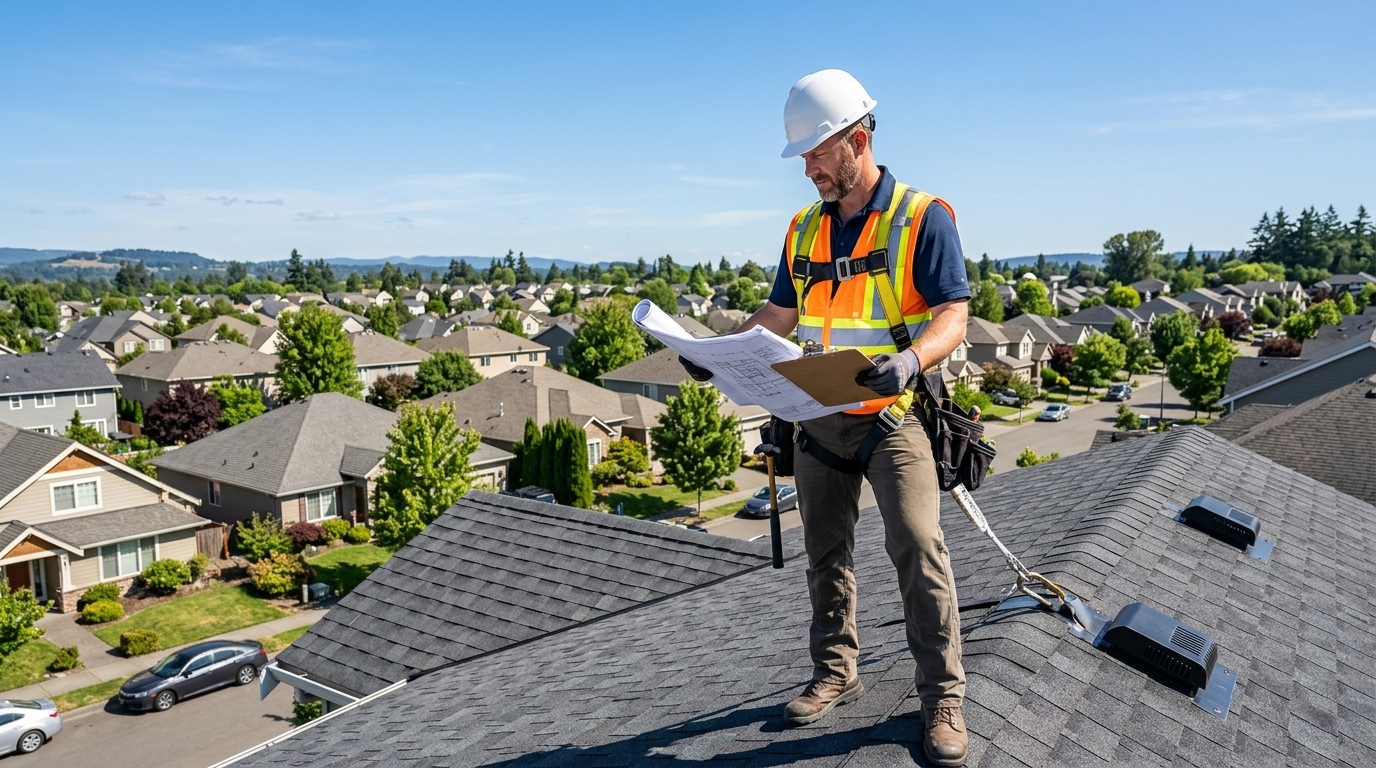 Professional roofing contractor in hard hat reviewing plans on residential rooftop