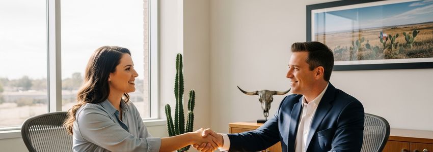 Small business owner discussing financing options with a lending advisor in a professional office in Round Rock, Texas
