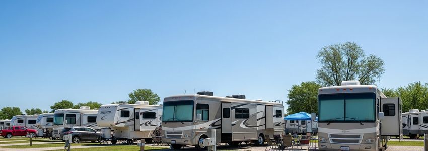 Aerial view of an RV park resort with motorhomes parked in organized sites and green trees