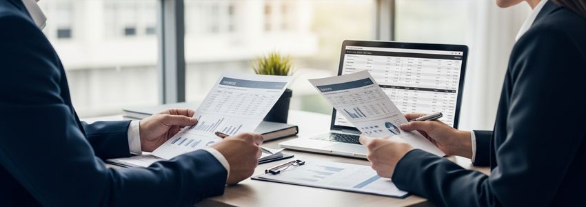 Business professionals reviewing sales ledger financing documents in a modern office