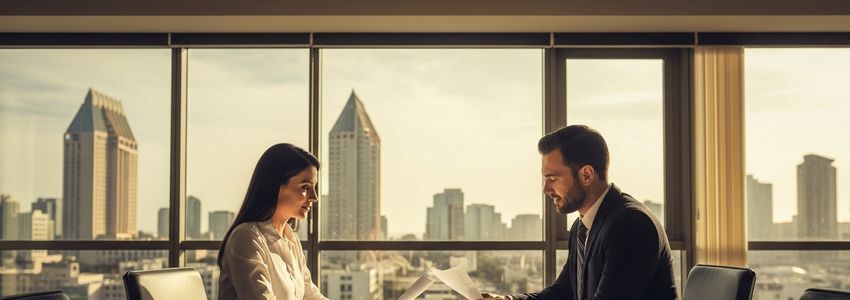 Small business owners reviewing loan documents in a San Diego office
