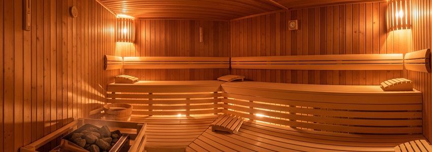 Modern luxury sauna studio interior with cedar wood benches and warm lighting