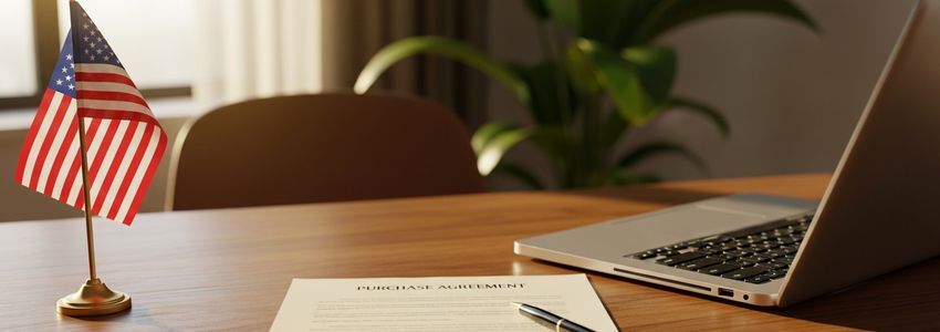 Two business professionals completing a business acquisition deal at a professional office desk