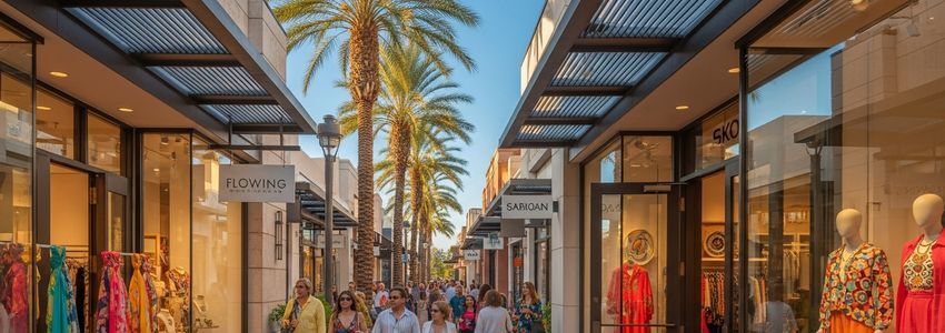 Retail shopping district in Scottsdale Arizona with boutique storefronts and palm trees