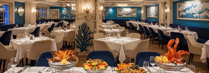 Seafood restaurant interior with fresh seafood display and elegant dining room