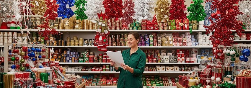 Retail store owner reviewing seasonal business loan documents with holiday merchandise