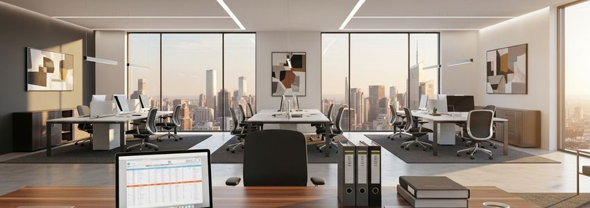 Modern business office with laptop and financial documents for seasonal cash flow planning