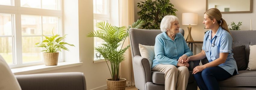 Professional caregiver with elderly client representing senior home care franchise financing
