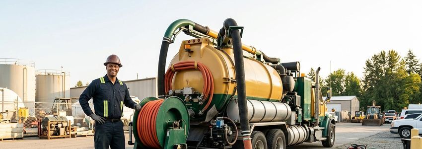 Plumbing contractor standing beside a combination sewer jetting vacuum truck at a municipal job site