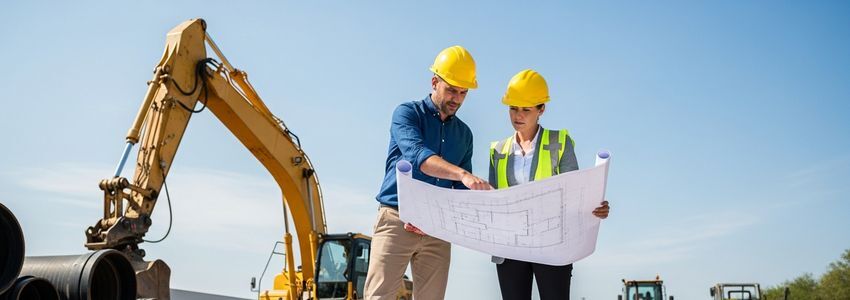 Construction project manager reviewing blueprints at sewer infrastructure job site