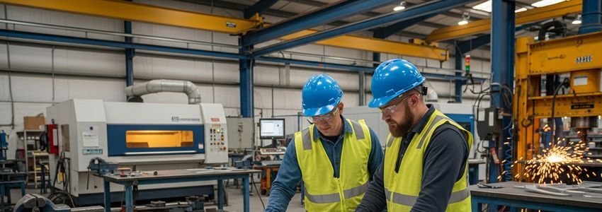 Sheet metal fabrication business owner reviewing plans with employee
