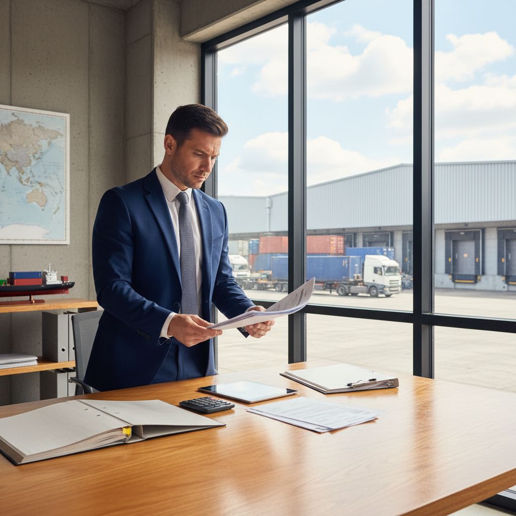 Freight company owner reviewing shipping and freight financing options at a logistics office