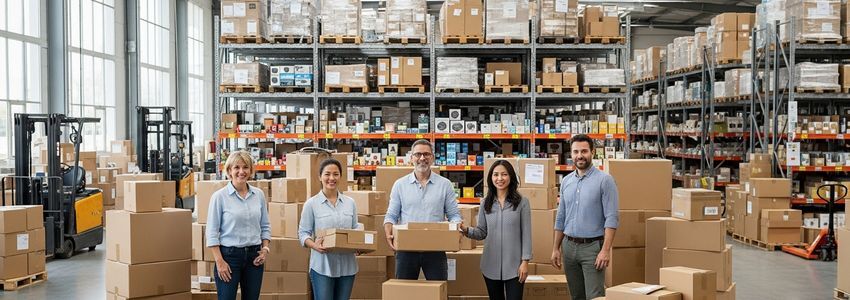 Shopify ecommerce business owners in warehouse with shipping boxes ready for fulfillment