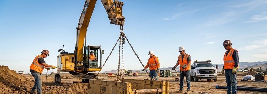 Construction crew using an excavator to lower a steel trench box into a utility excavation site