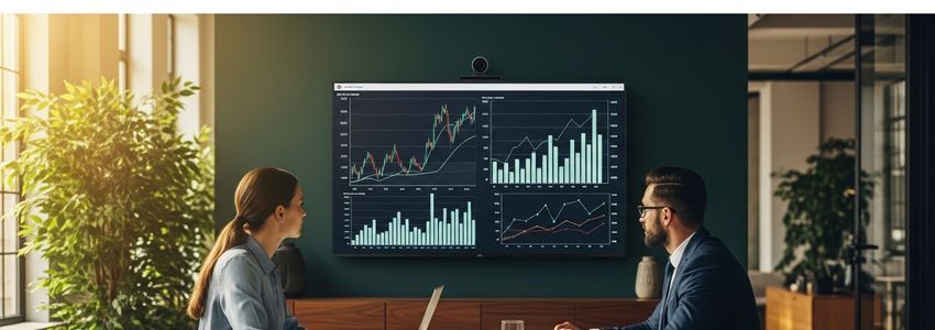 Business professionals reviewing short-term business loan statistics and financial data