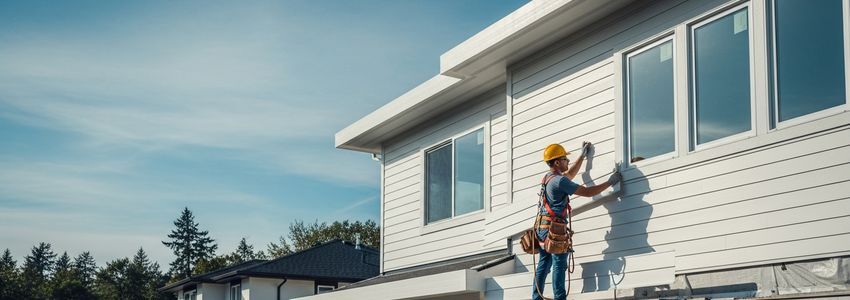 Siding contractor installing vinyl siding on a residential home