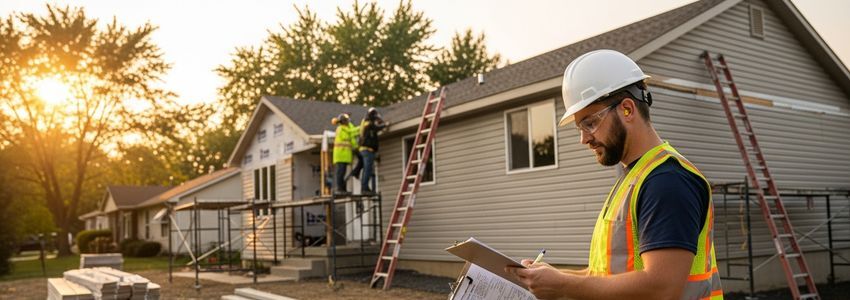 Siding installation contractor reviewing loan documents at job site with new siding in background