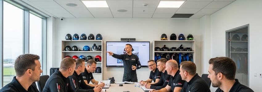 Skydiving business team reviewing financing options in a professional briefing room