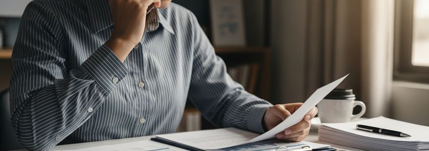 Business owner reviewing accounts receivable documents while managing slow-paying customer collections