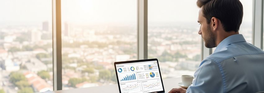 Small business owner reviewing failure rate statistics and financial data on laptop