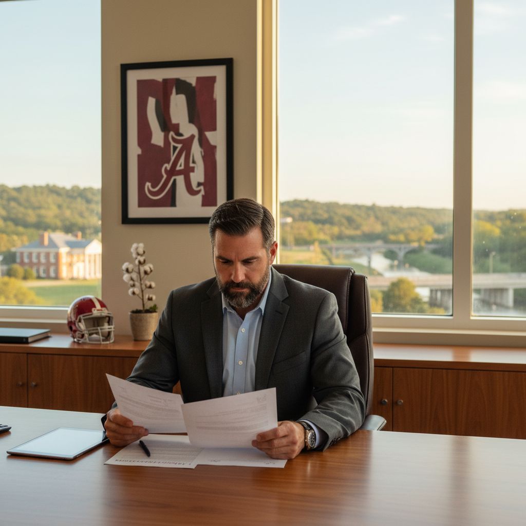Alabama entrepreneur reviewing business loan documents at a modern office desk