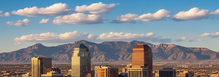 Albuquerque, New Mexico skyline with Sandia Mountains - Small Business Loans Guide