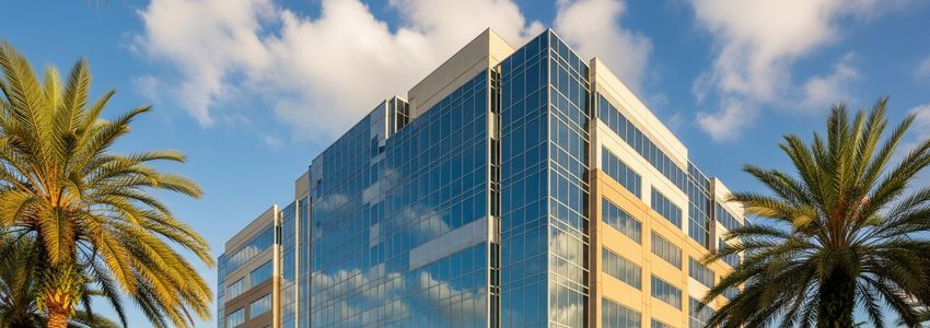 Modern office buildings with palm trees in Boca Raton Florida business district