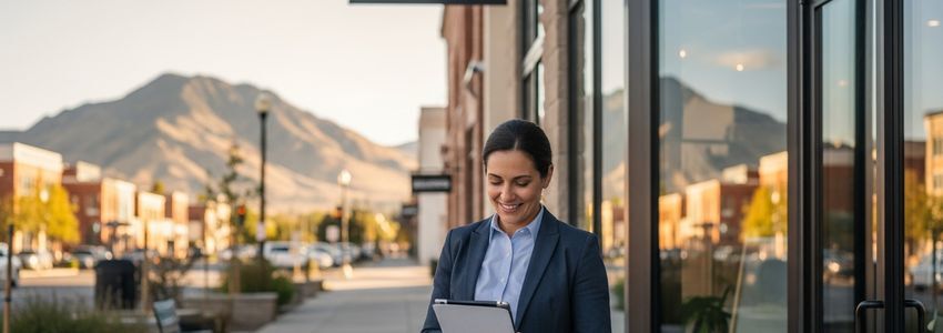Small business owner reviewing loan documents in Boise, Idaho with mountains in background