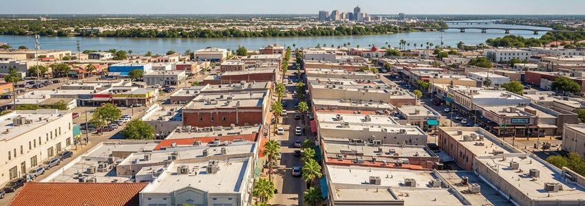 Aerial view of Brownsville Texas business district showing small business district near the Rio Grande border