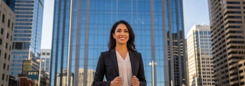 Small business owner in front of modern office building in Charlotte NC