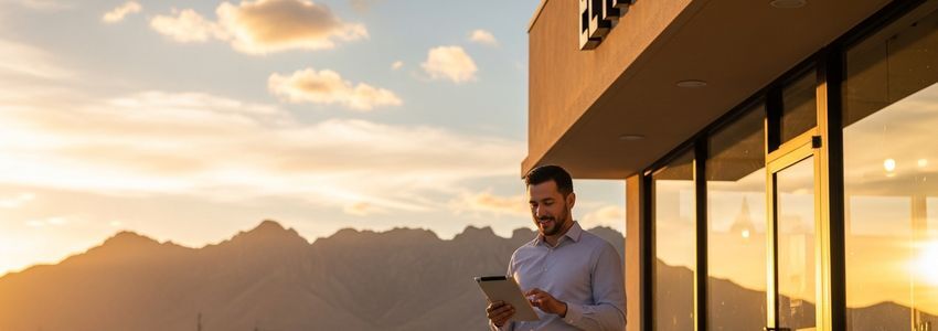 Small business owner reviewing documents outside a modern El Paso storefront with the Franklin Mountains in the background