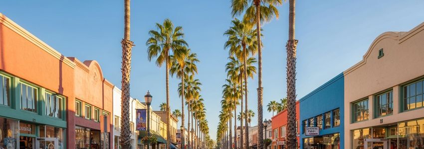 Small business district street scene in Escondido California with palm trees and colorful storefronts
