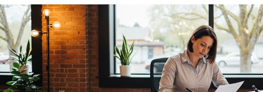 Small business owner reviewing financing documents in Eugene Oregon office