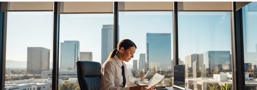 Small business owner reviewing loan documents in Fontana, California
