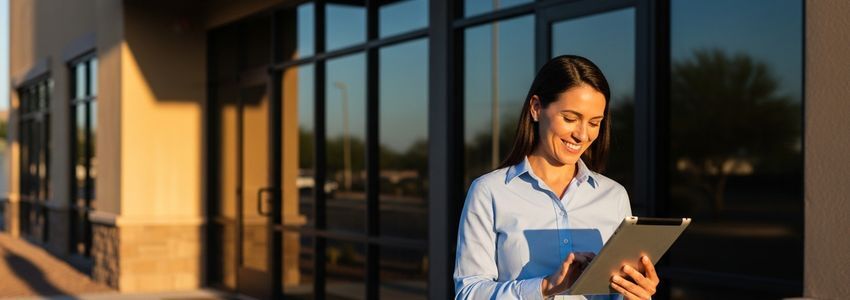 Small business owner in Glendale, Arizona reviewing business loan documents on tablet