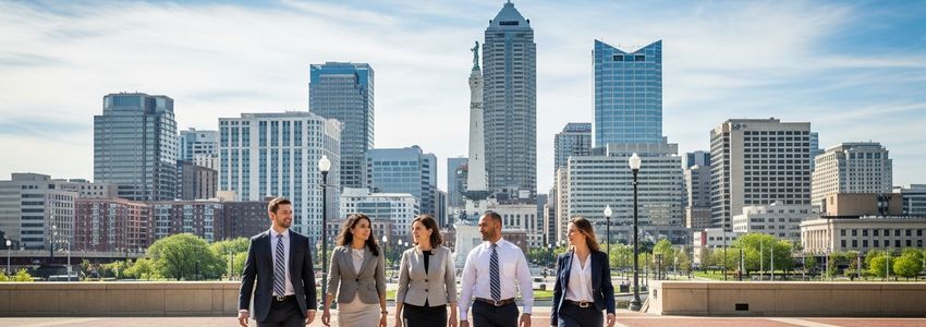 Indianapolis small business owners on a city street with the downtown skyline in the background