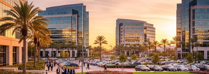 Small business district in Irvine, California at golden hour with palm trees and modern office buildings