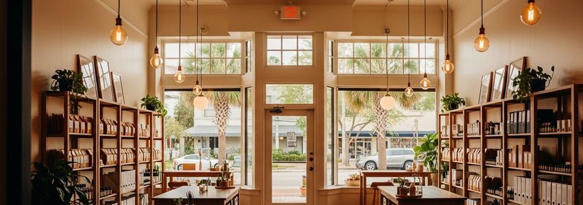 Small business district in Jacksonville, Florida with palm trees and professional storefronts