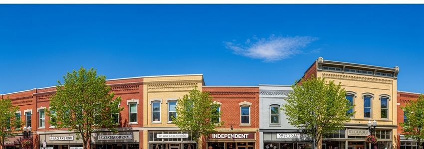 Small business district in Lincoln, Nebraska with brick storefronts representing entrepreneurship