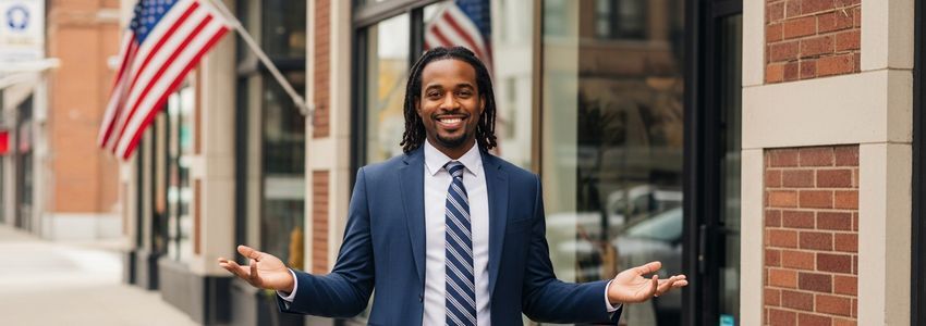 Small business owner standing outside a Milwaukee storefront representing entrepreneurship and business financing