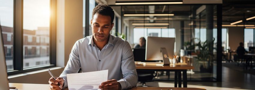 Small business owner reviewing loan documents in Newport News Virginia office