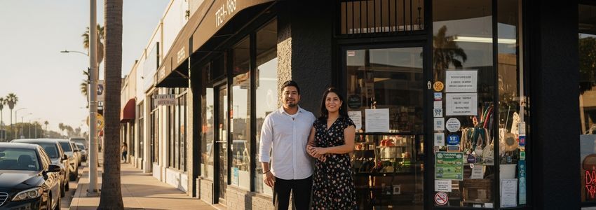 Small business owner in front of shop in Pomona, California