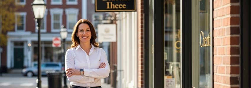Small business owner standing outside a New England storefront in Rhode Island