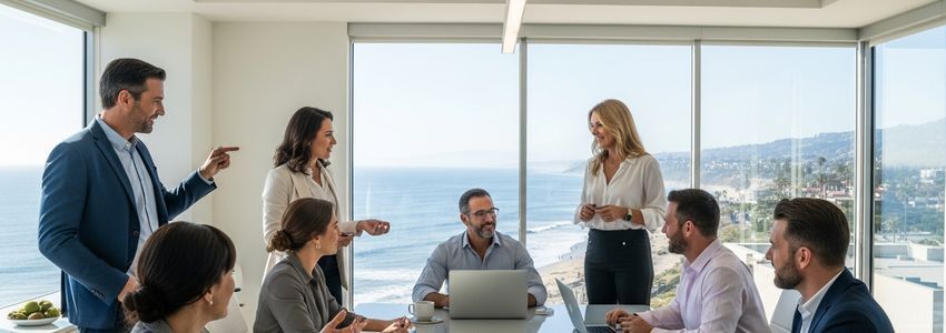 Small business owners meeting in a Santa Barbara office with California coastline visible