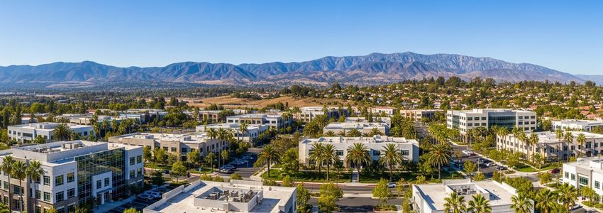 Small business district in Santa Clarita, California with palm trees and mountain views
