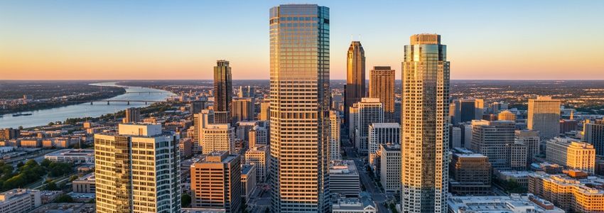 St. Louis downtown business district skyline at golden hour, representing small business lending in Missouri