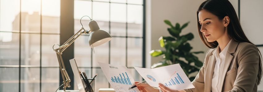 Small business owner reviewing revenue growth strategies at a modern office desk