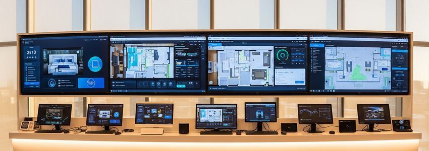 Smart home installation control center with multiple displays showing automation dashboards