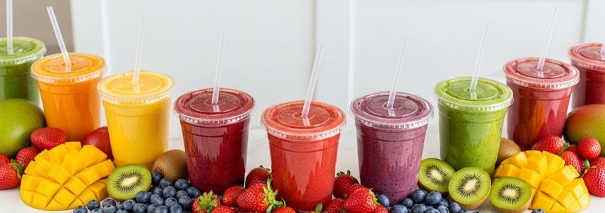 Smoothie franchise business loans - colorful smoothies and fresh tropical fruits in a juice bar setting
