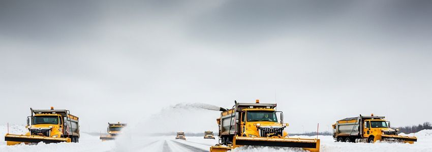 Commercial snow removal trucks and equipment clearing a parking lot in winter